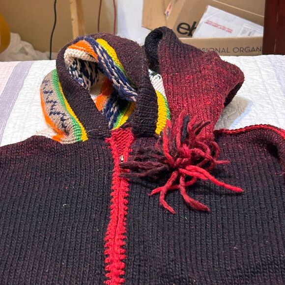 Vintage Hand Knit Sweater Jacket Womens M/L Multicolor Hooded Zip Up Ikat Nordic - Picture 6 of 12